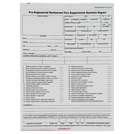 Range Hood Inspection Report, 3 Part Carbonless (100/pkg.)